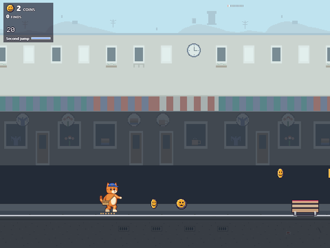 A run on Shop Street: the runner near an obstacle, coins ahead, the coin count and the combo on top