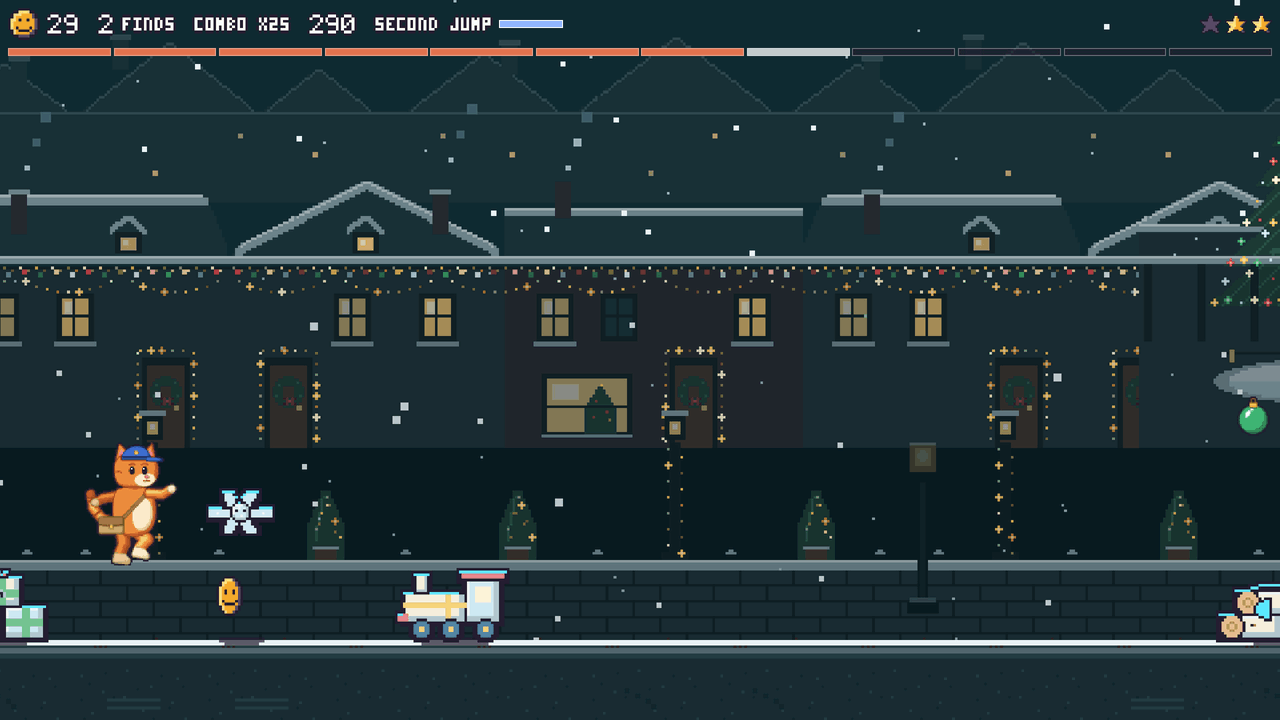 A run on Christmas Lane: the runner, coins on the track, the coin count and the combo on top