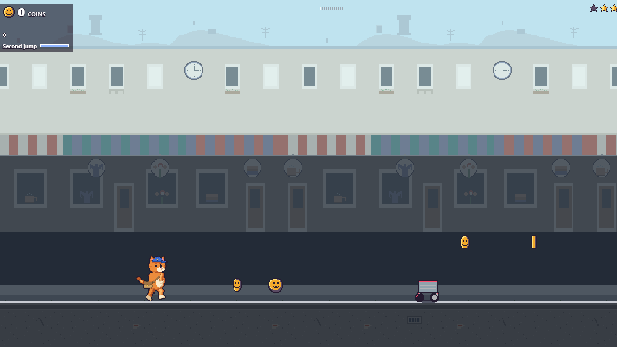 Shop Street at the start of a run as it ships: a street with coins on the track