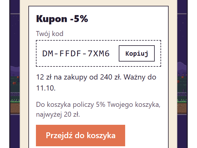 Portfel w grze: odebrany kupon -5% z kodem, przycisk Kopiuj i przycisk Przejdź do koszyka