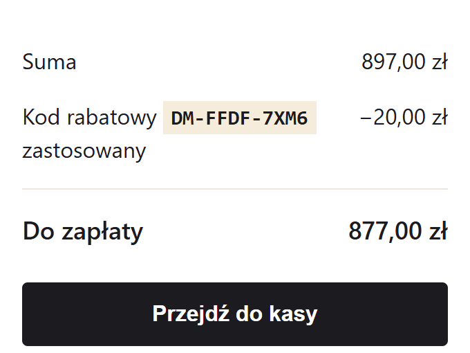 Koszyk sklepu z zastosowanym kodem Perkcade i rabatem odjętym od sumy